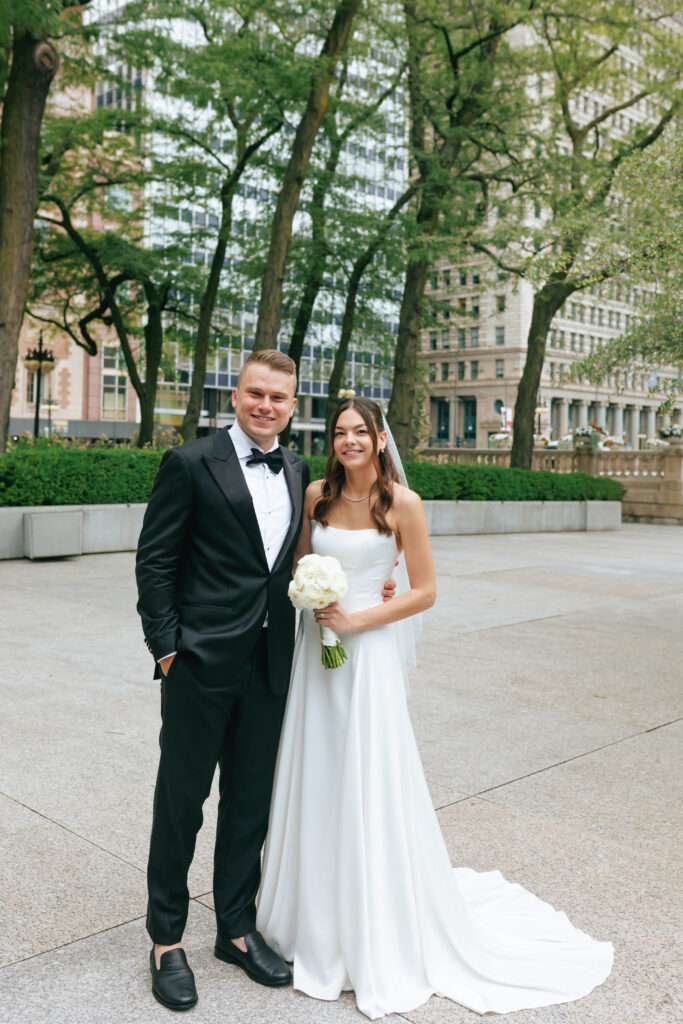 Wedding portraits inside the Art Institute of Chicago during a rainy, intimate Chicago wedding