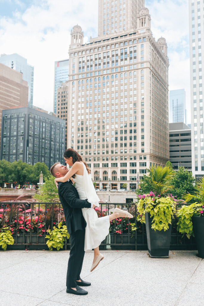 Bride wearing a classic second dress for evening portraits at an intimate Chicago wedding