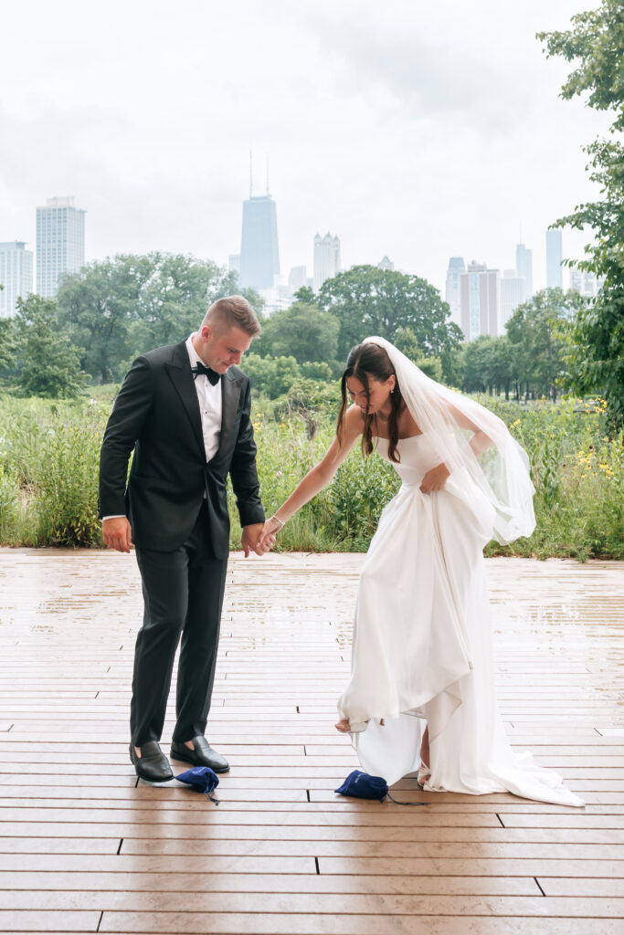 Couple celebrates with a Jewish glass-breaking tradition at their Lincoln Park intimate wedding ceremony
