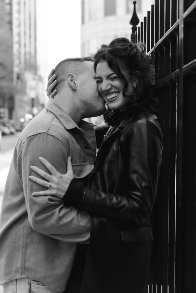 Chicago engagement session with candid laughter 
