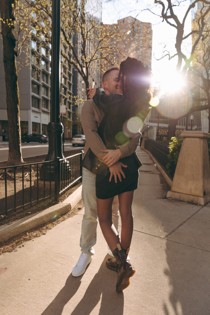 Romantic golden hour engagement portraits in Chicago Gold Coast neighborhood