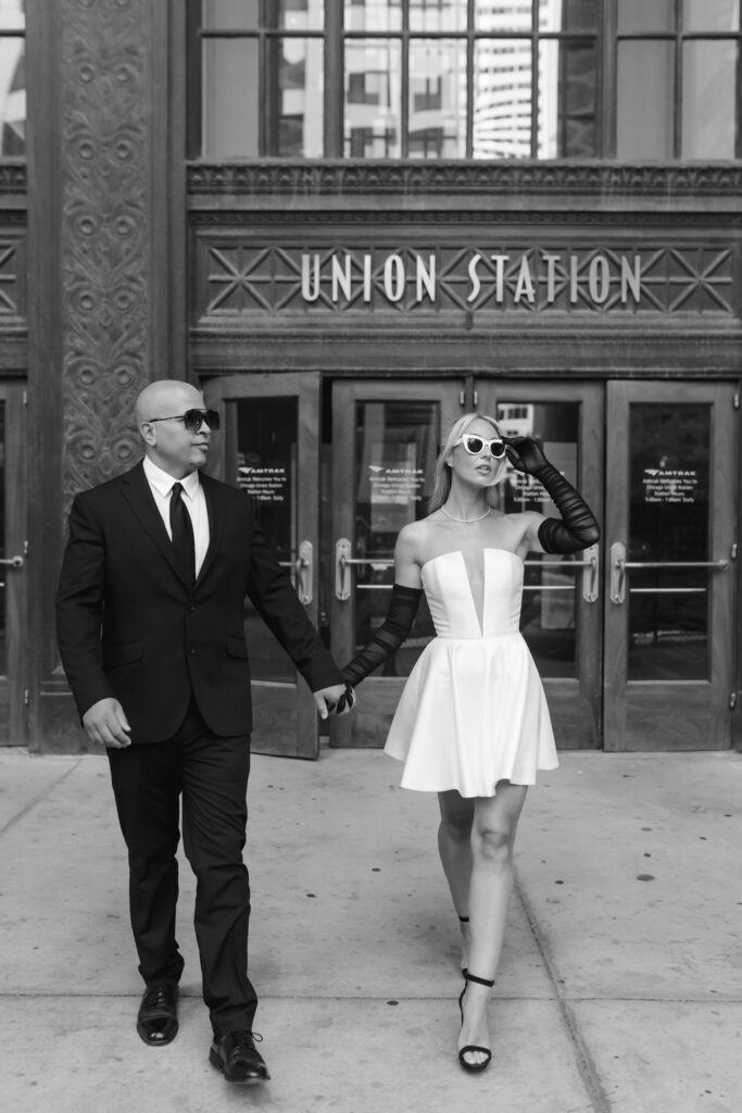 Engagement session at Union Station in Chicago with cinematic, timeless light