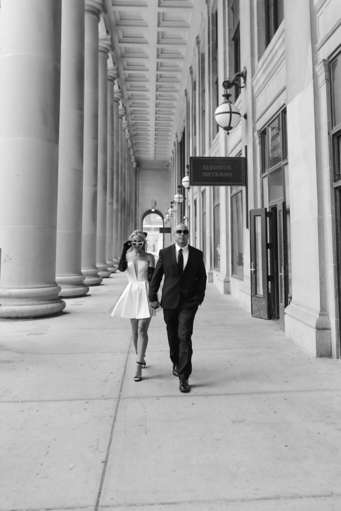 Timeless engagement portraits with cinematic flair in Chicago city setting
