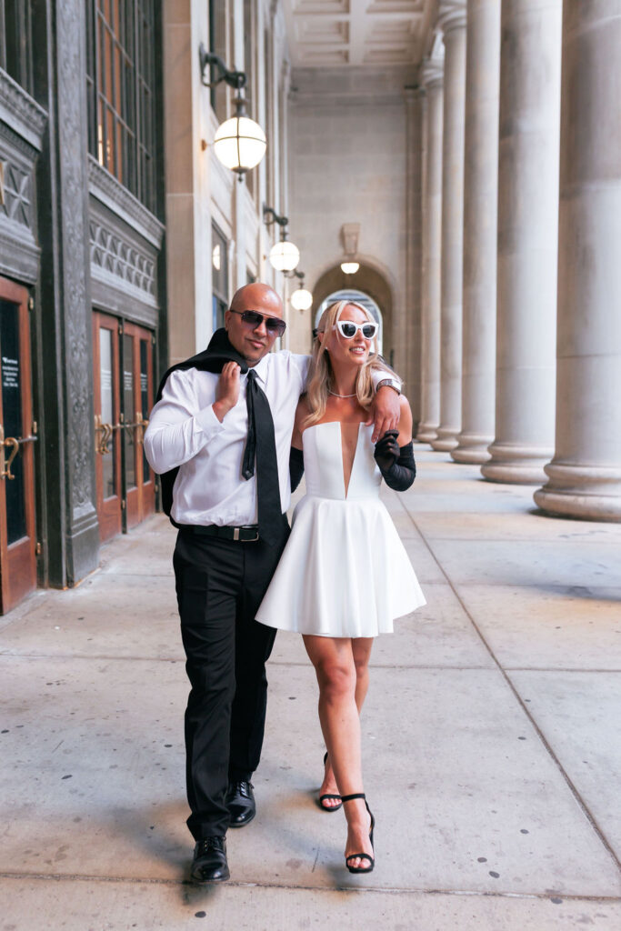 Timeless engagement portraits with cinematic flair in Chicago city setting