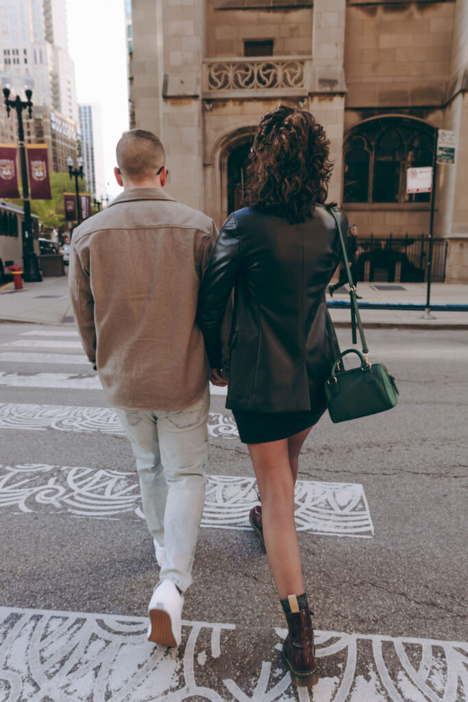 Engaged Couple Strolling through Chicago Gold Coast.